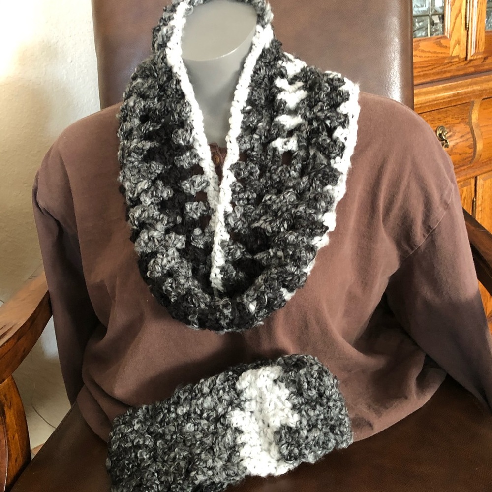 Cowl scarf neck warmer & headband black white